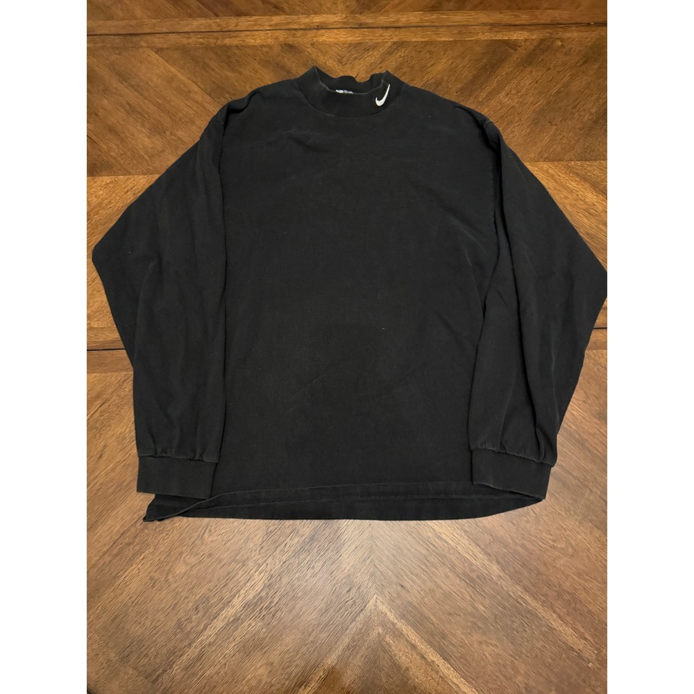Vintage Nike Mock Neck Long Sleeve Shirt Black 90s Made in USA Large Swoosh Logo